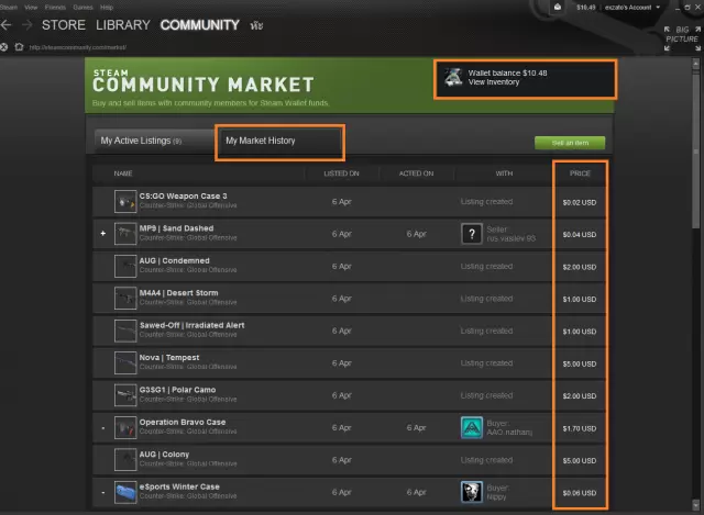  ภาพตัวอย่าง My Market History บน Steam Community Market - KUBET Game